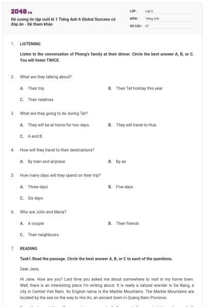 Đề cương ôn tập cuối kì 1 Tiếng Anh 6 Global Success có đáp án - Đề tham khảo