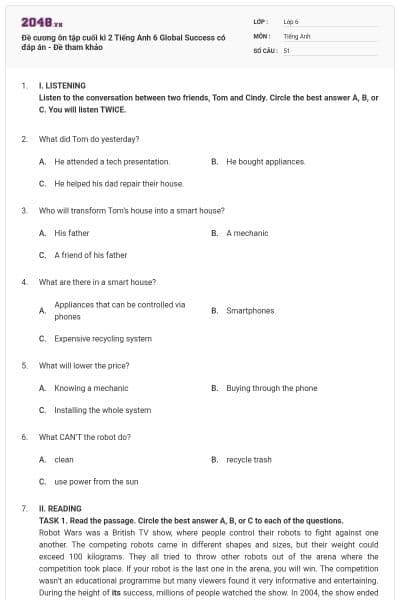 Đề cương ôn tập cuối kì 2 Tiếng Anh 6 Global Success có đáp án - Đề tham khảo