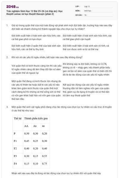 Trắc nghiệm Sinh Học 12 Bài 25-26 (có đáp án): Học thuyết Lamac và học thuyết Đacuyn (phần 2)