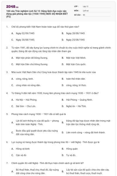 160 câu Trắc nghiệm Lịch Sử 12: Đảng lãnh đạo cuộc vận động giải phóng dân tộc (1930-1945) MỨC ĐỘ NHẬN BIẾT  (P2)