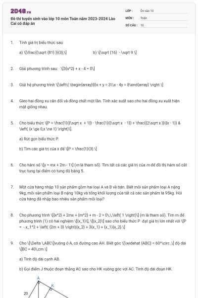 Đề thi tuyển sinh vào lớp 10 môn Toán năm 2023-2024 Lào Cai có đáp án