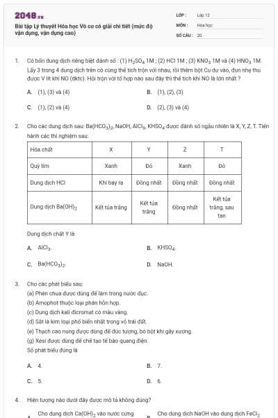 Bài tập Lý thuyết Hóa học Vô cơ có giải chi tiết (mức độ vận dụng, vận dụng cao)
