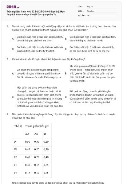 Trắc nghiệm Sinh Học 12 Bài 25-26 (có đáp án): Học thuyết Lamac và học thuyết Đacuyn (phần 2)