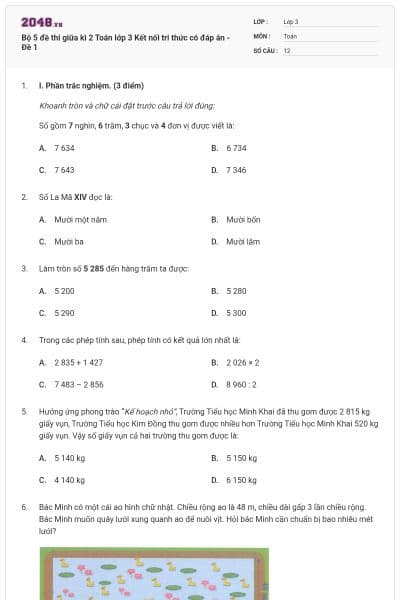 Bộ 5 đề thi giữa kì 2 Toán lớp 3 Kết nối tri thức có đáp án - Đề 1