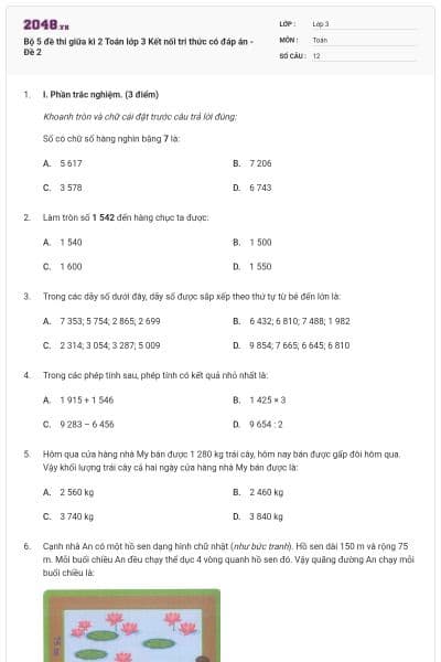 Bộ 5 đề thi giữa kì 2 Toán lớp 3 Kết nối tri thức có đáp án - Đề 2