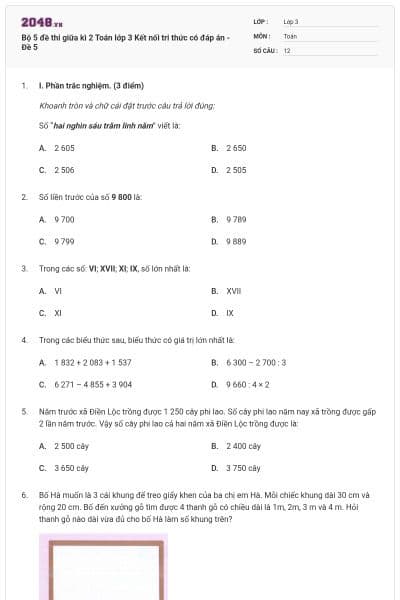 Bộ 5 đề thi giữa kì 2 Toán lớp 3 Kết nối tri thức có đáp án - Đề 5