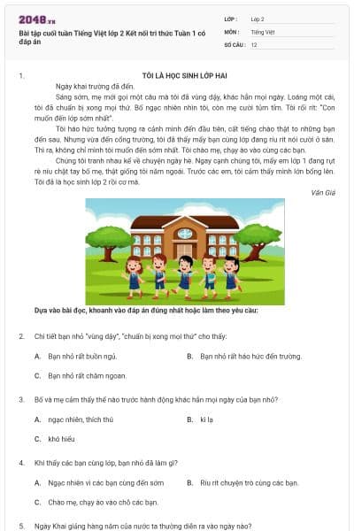 Bài tập cuối tuần Tiếng Việt lớp 2 Kết nối tri thức Tuần 1 có đáp án