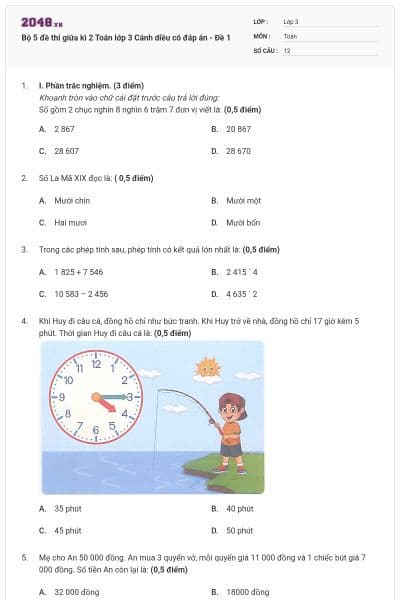 Bộ 5 đề thi giữa kì 2 Toán lớp 3 Cánh diều có đáp án - Đề 1