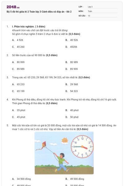 Bộ 5 đề thi giữa kì 2 Toán lớp 3 Cánh diều có đáp án - Đề 2