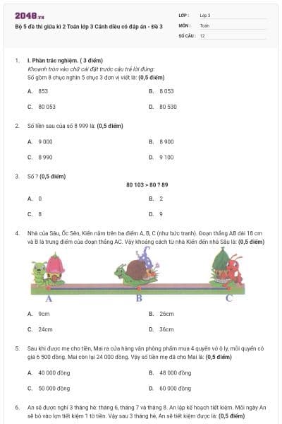 Bộ 5 đề thi giữa kì 2 Toán lớp 3 Cánh diều có đáp án - Đề 3