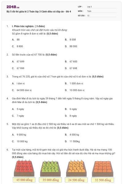 Bộ 5 đề thi giữa kì 2 Toán lớp 3 Cánh diều có đáp án - Đề 4