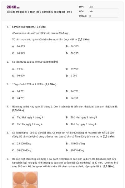 Bộ 5 đề thi giữa kì 2 Toán lớp 3 Cánh diều có đáp án - Đề 5