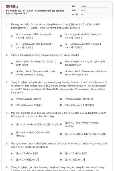 Bộ 3 đề thi cuối kì 1 Vật lý 11 Chân trời sáng tạo cấu trúc mới có đáp án - Đề 3