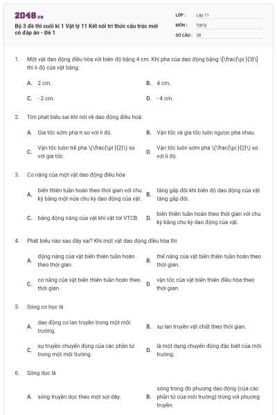 Bộ 3 đề thi cuối kì 1 Vật lý 11 Kết nối tri thức cấu trúc mới có đáp án - Đề 1