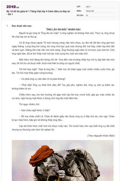 Bộ 10 đề thi giữa kì 1 Tiếng Việt lớp 4 Cánh diều có đáp án - Đề 1