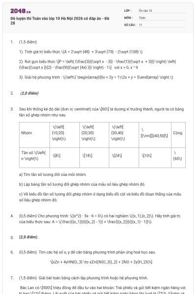 Đề luyện thi Toán vào lớp 10 Hà Nội 2026 có đáp án - Đề 28