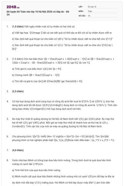 Đề luyện thi Toán vào lớp 10 Hà Nội 2026 có đáp án - Đề 34