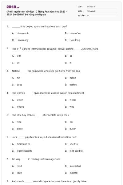 Đề thi tuyển sinh vào lớp 10 Tiếng Anh năm học 2023 - 2024 Sở GD&ĐT Đà Nẵng có đáp án