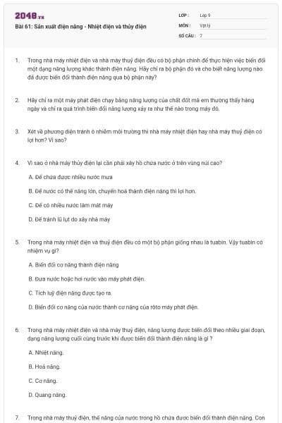 Bài 61: Sản xuất điện năng - Nhiệt điện và thủy điện