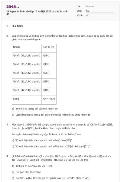 Đề luyện thi Toán vào lớp 10 Hà Nội 2026 có đáp án - Đề 40