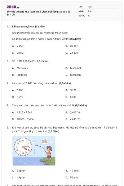 Bộ 5 đề thi giữa kì 2 Toán lớp 3 Chân trời sáng tạo có đáp án - Đề 1