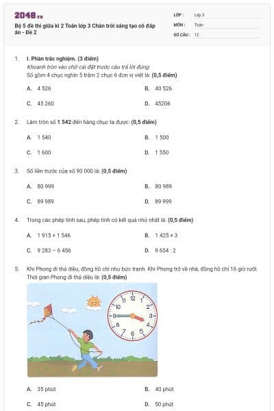 Bộ 5 đề thi giữa kì 2 Toán lớp 3 Chân trời sáng tạo có đáp án - Đề 2