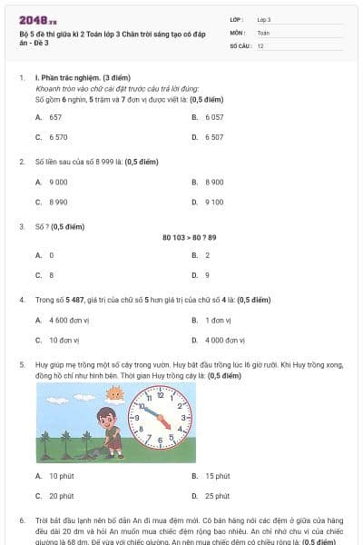 Bộ 5 đề thi giữa kì 2 Toán lớp 3 Chân trời sáng tạo có đáp án - Đề 3