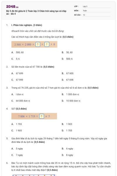 Bộ 5 đề thi giữa kì 2 Toán lớp 3 Chân trời sáng tạo có đáp án - Đề 4