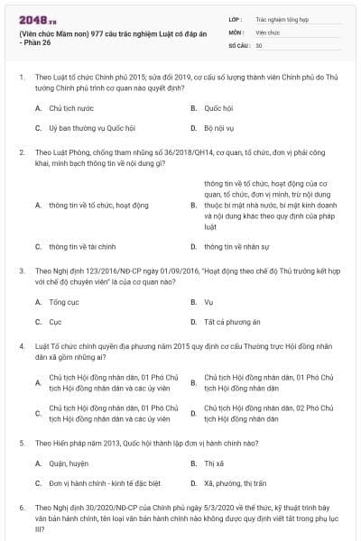 (Viên chức Mầm non) 977 câu trắc nghiệm Luật có đáp án - Phần 26