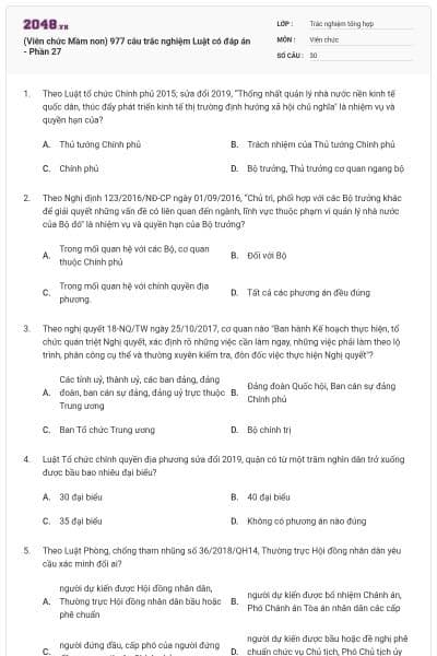 (Viên chức Mầm non) 977 câu trắc nghiệm Luật có đáp án - Phần 27