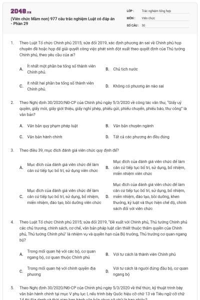 (Viên chức Mầm non) 977 câu trắc nghiệm Luật có đáp án - Phần 29