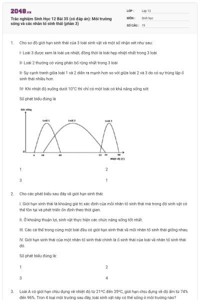 Trắc nghiệm Sinh Học 12 Bài 35 (có đáp án): Môi trường sống và các nhân tố sinh thái (phần 3)