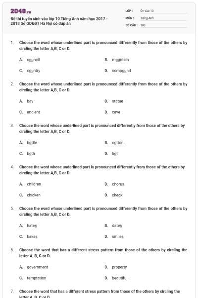 Đề thi tuyển sinh vào lớp 10 Tiếng Anh năm học 2017 - 2018 Sở GD&ĐT Hà Nội có đáp án