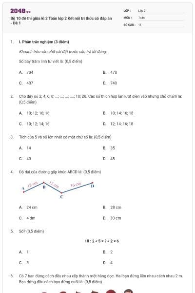Bộ 10 đề thi giữa kì 2 Toán lớp 2 Kết nối tri thức có đáp án - Đề 1