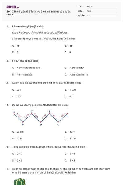 Bộ 10 đề thi giữa kì 2 Toán lớp 2 Kết nối tri thức có đáp án - Đề 2