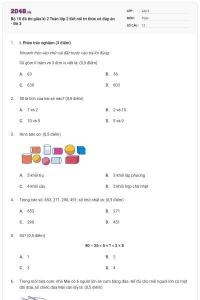 Bộ 10 đề thi giữa kì 2 Toán lớp 2 Kết nối tri thức có đáp án - Đề 3