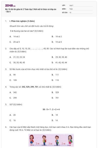 Bộ 10 đề thi giữa kì 2 Toán lớp 2 Kết nối tri thức có đáp án - Đề 4