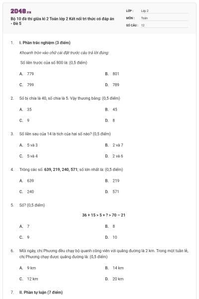 Bộ 10 đề thi giữa kì 2 Toán lớp 2 Kết nối tri thức có đáp án - Đề 5