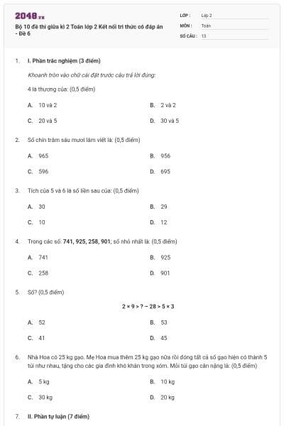 Bộ 10 đề thi giữa kì 2 Toán lớp 2 Kết nối tri thức có đáp án - Đề 6