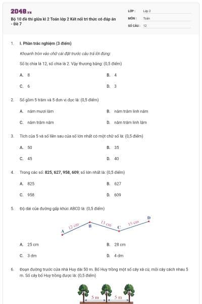 Bộ 10 đề thi giữa kì 2 Toán lớp 2 Kết nối tri thức có đáp án - Đề 7