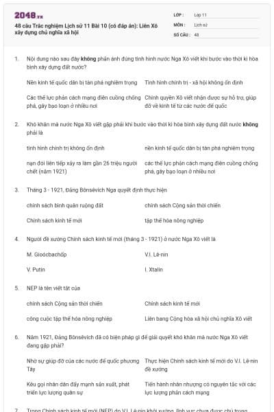 48 câu  Trắc nghiệm Lịch sử 11 Bài 10 (có đáp án): Liên Xô xây dựng chủ nghĩa xã hội