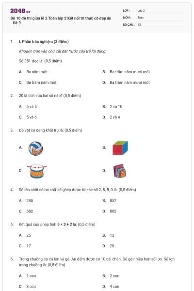 Bộ 10 đề thi giữa kì 2 Toán lớp 2 Kết nối tri thức có đáp án - Đề 9