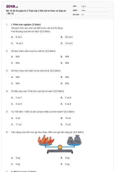 Bộ 10 đề thi giữa kì 2 Toán lớp 2 Kết nối tri thức có đáp án - Đề 10