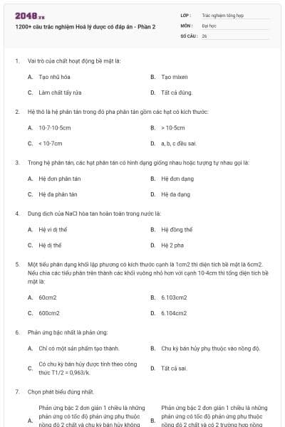 1200+ câu trắc nghiệm Hoá lý dược có đáp án - Phần 2