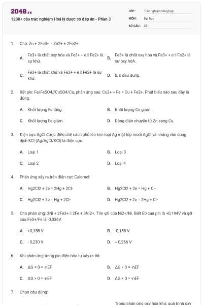 1200+ câu trắc nghiệm Hoá lý dược có đáp án - Phần 3