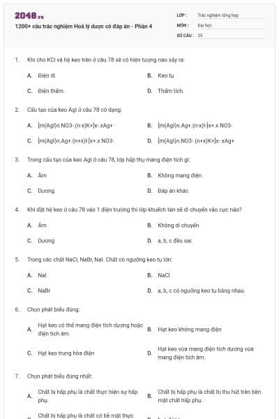 1200+ câu trắc nghiệm Hoá lý dược có đáp án - Phần 4