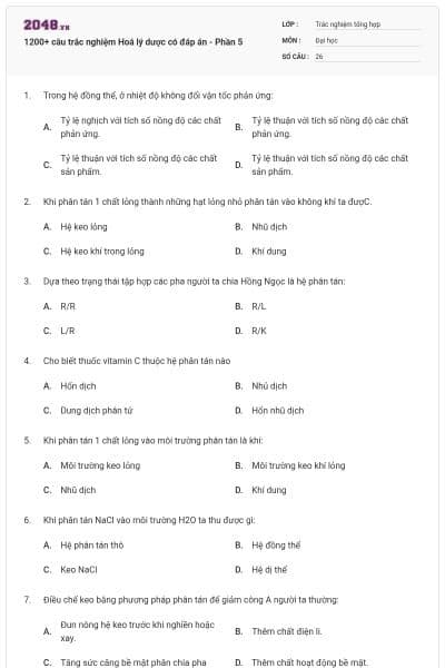1200+ câu trắc nghiệm Hoá lý dược có đáp án - Phần 5