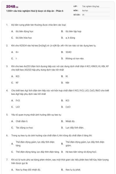 1200+ câu trắc nghiệm Hoá lý dược có đáp án - Phần 6