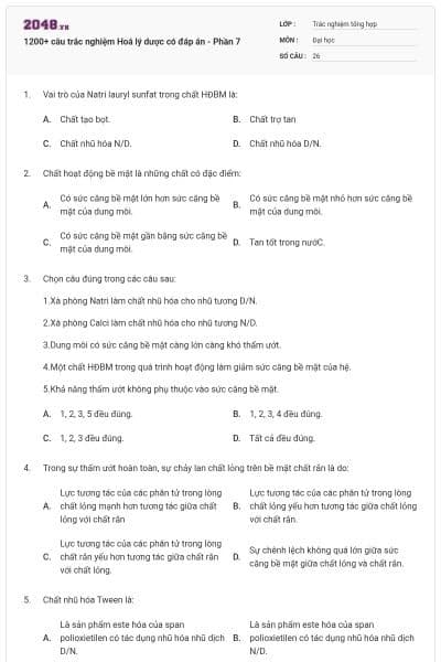1200+ câu trắc nghiệm Hoá lý dược có đáp án - Phần 7