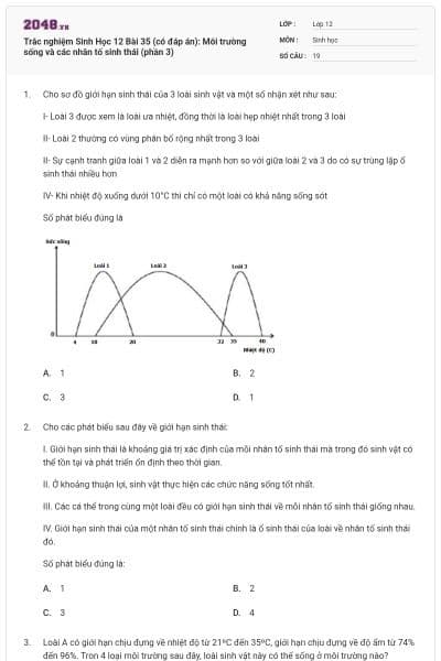Trắc nghiệm Sinh Học 12 Bài 35 (có đáp án): Môi trường sống và các nhân tố sinh thái (phần 3)